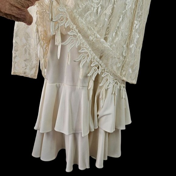80s David Rose Flapper Party Dress Cream Lace Long Sleeve Shoulder Pads Womens 8 - Picture 6 of 11